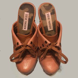 Steve Madden Tan Cognac Studded Lace up Leather Clog Mule Platform Heels Size 6